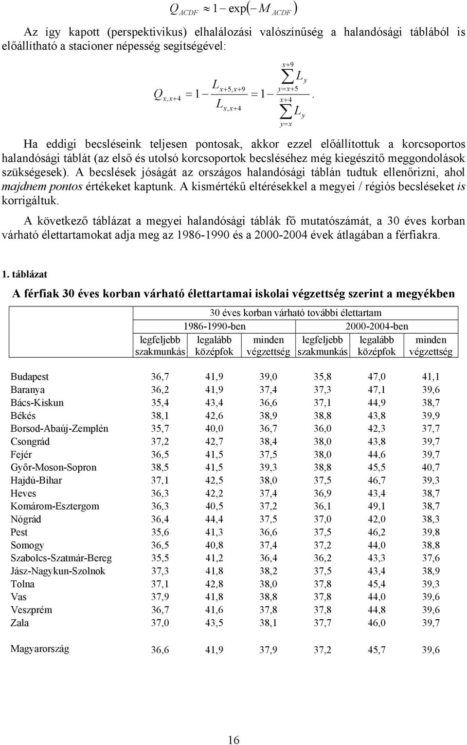 becsléséhez még kiegészítő meggondolások szükségesek). A becslések jóságát az országos halandósági táblán tudtuk ellenőrizni, ahol majdnem pontos értékeket kaptunk.