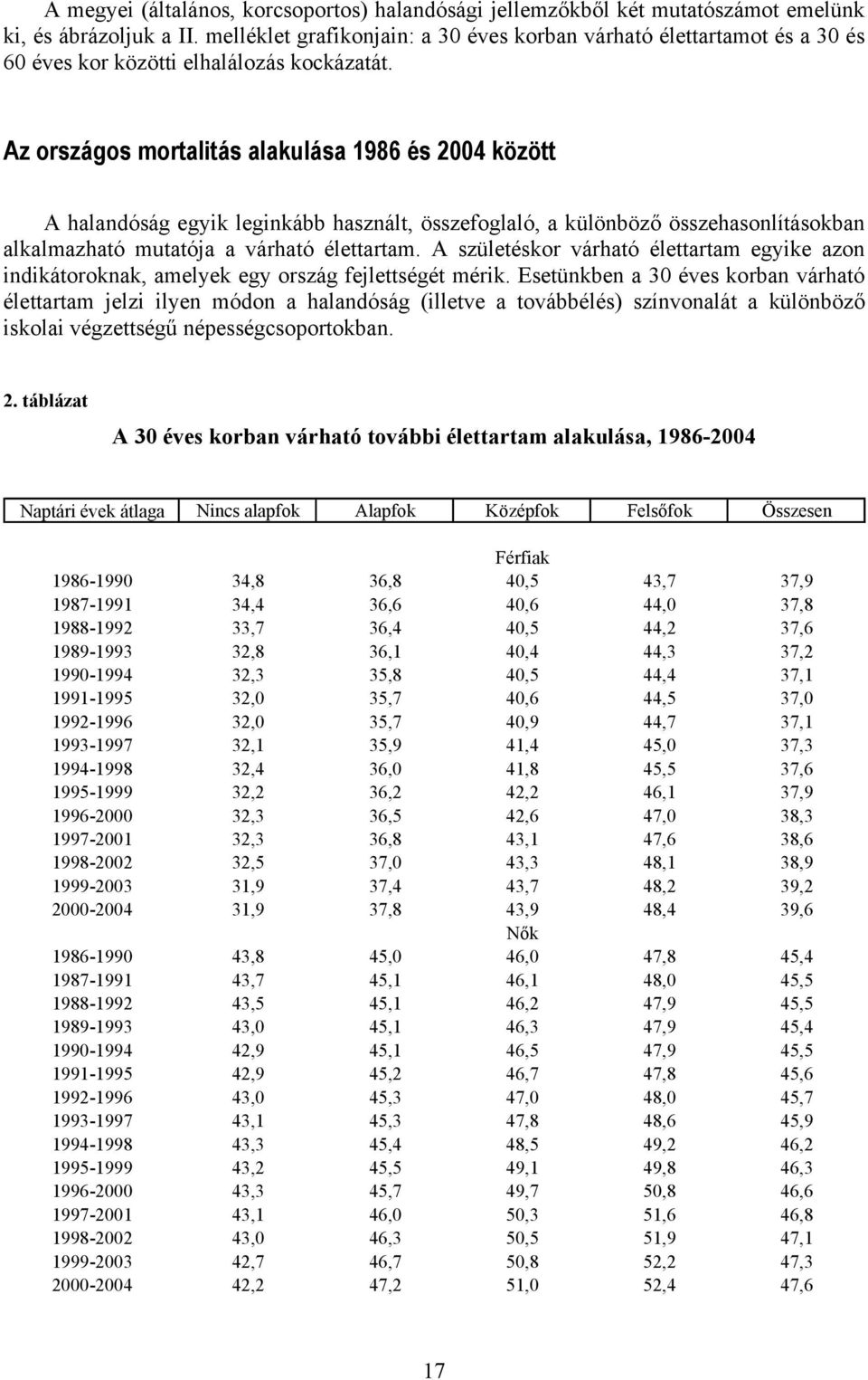 Az országos mortalitás alakulása 1986 és között A halandóság egyik leginkább használt, összefoglaló, a különböző összehasonlításokban alkalmazható mutatója a várható élettartam.