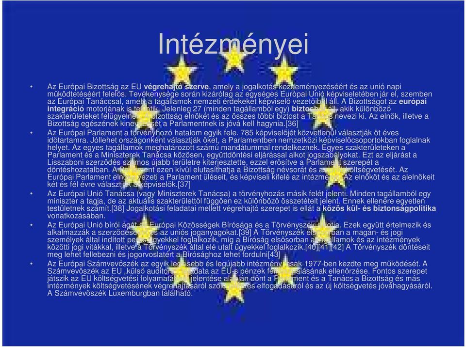 A Bizottságot az európai integráció motorjának is tekintik. Jelenleg 27 (minden tagállamból egy) biztosból áll, akik különböző szakterületeket felügyelnek.