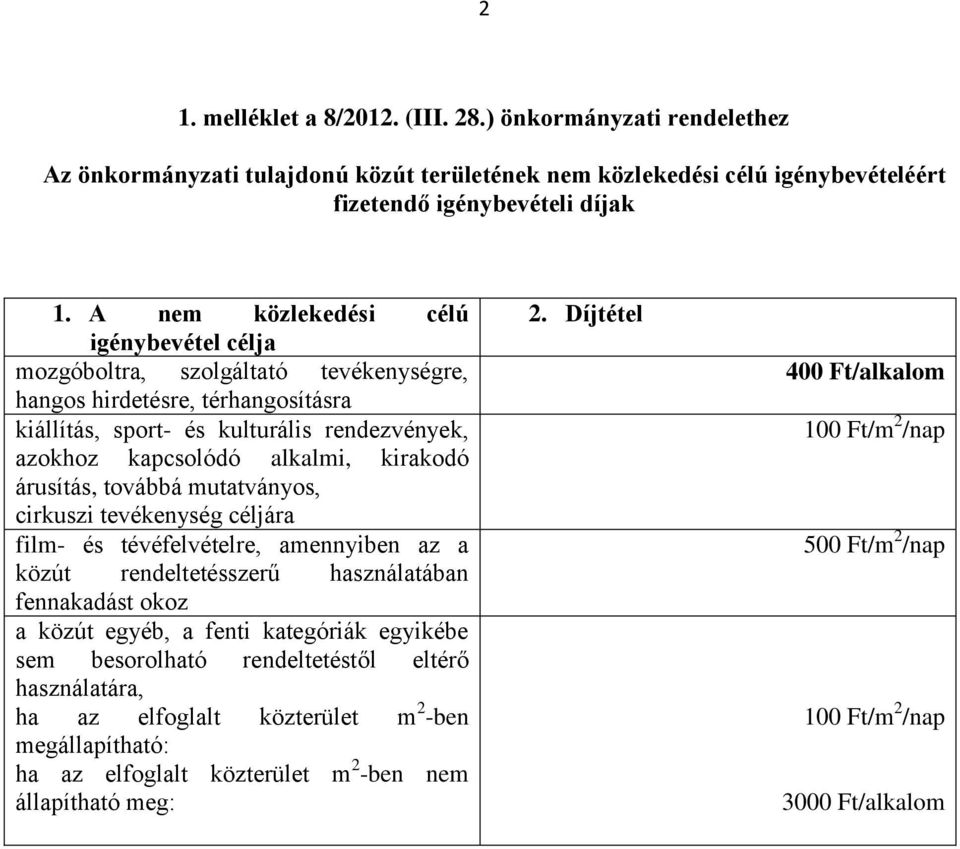 árusítás, továbbá mutatványos, cirkuszi tevékenység céljára film- és tévéfelvételre, amennyiben az a közút rendeltetésszerű használatában fennakadást okoz a közút egyéb, a fenti kategóriák egyikébe