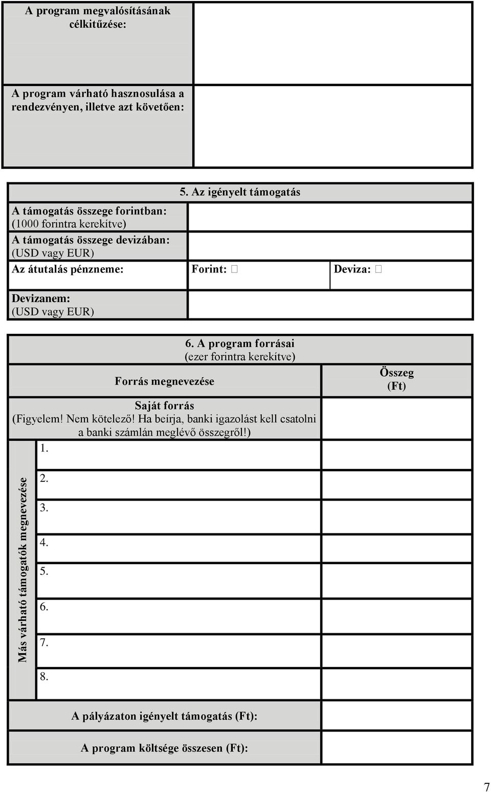 Deviza: Devizanem: (USD vagy EUR) Forrás megnevezése 6. A program forrásai (ezer forintra kerekítve) Saját forrás (Figyelem! Nem kötelező!