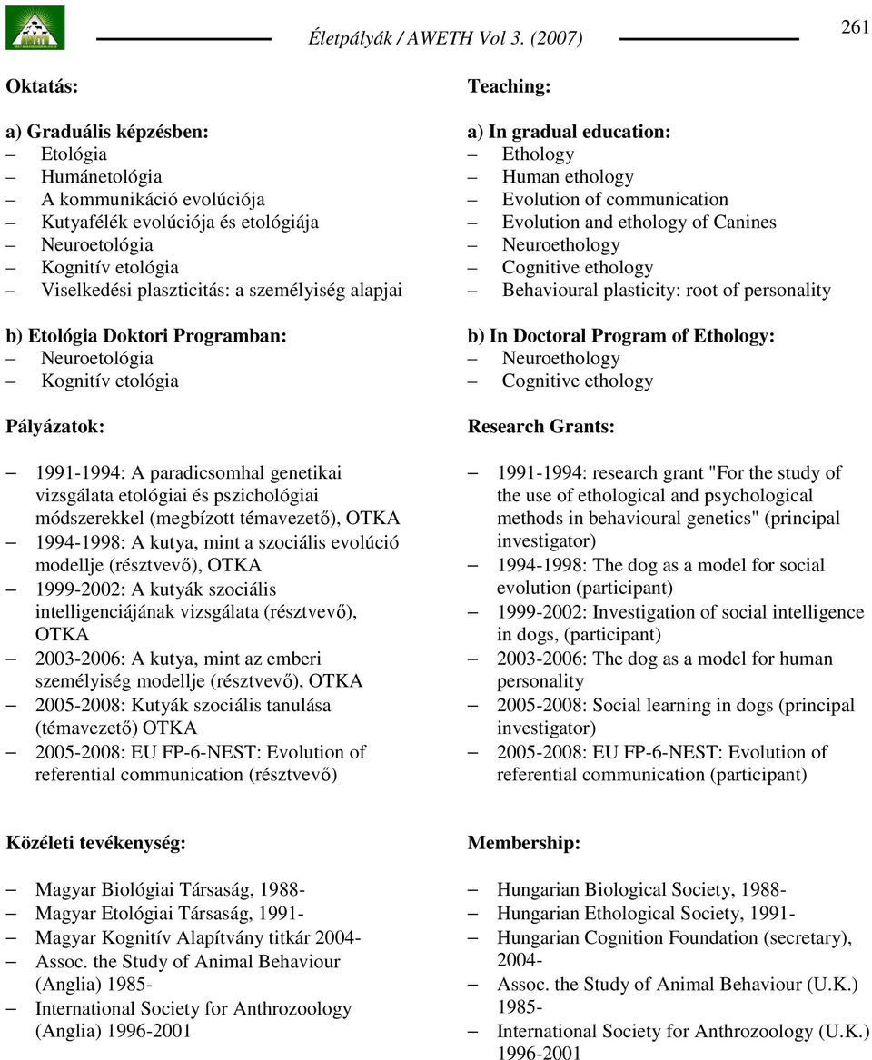 OTKA 1994-1998: A kutya, mint a szociális evolúció modellje (résztvevı), OTKA 1999-2002: A kutyák szociális intelligenciájának vizsgálata (résztvevı), OTKA 2003-2006: A kutya, mint az emberi