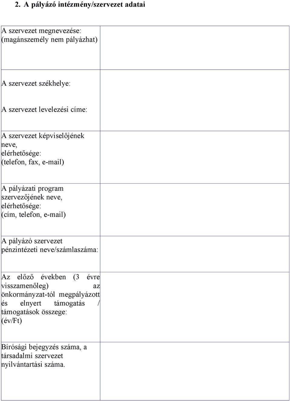 elérhetősége: (cím, telefon, e-mail) A pályázó szervezet pénzintézeti neve/számlaszáma: Az előző években (3 évre visszamenőleg) az