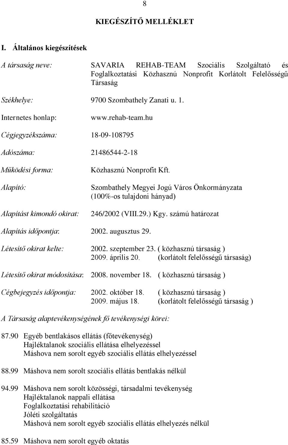 Internetes honlap: www.rehab-team.hu Cégjegyzékszáma: 18-09-108795 Adószáma: 21486544-2-18 Működési forma: Alapító: Alapítást kimondó okirat: Közhasznú Nonprofit Kft.