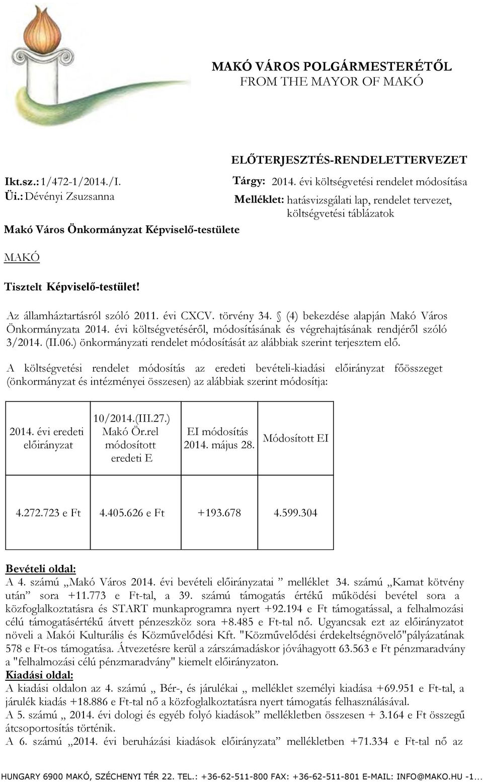 Az államháztartásról szóló 2011. évi CXCV. törvény 34. (4) bekezdése alapján Makó Város Önkormányzata 2014. évi költségvetéséről, módosításának és végrehajtásának rendjéről szóló 3/2014. (II.06.