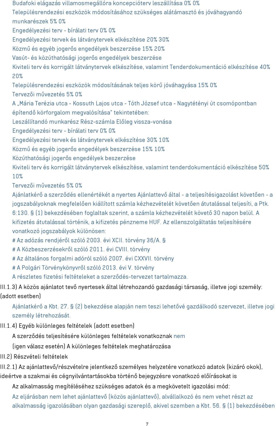 korrigált látványtervek elkészítése, valamint Tenderdokumentáció elkészítése 40% 20% Településrendezési eszközök módosításának teljes körű jóváhagyása 15% 0% Tervezői művezetés 5% 0% A Mária Terézia