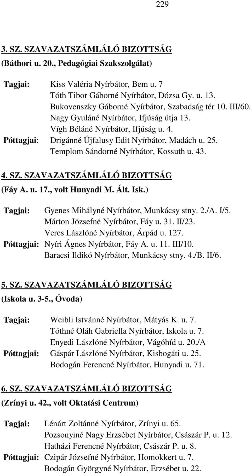 Templom Sándorné Nyírbátor, Kossuth u. 43. 4. SZ. SZAVAZATSZÁMLÁLÓ BIZOTTSÁG (Fáy A. u. 17., volt Hunyadi M. Ált. Isk.) Tagjai: Gyenes Mihályné Nyírbátor, Munkácsy stny. 2./A. I/5.