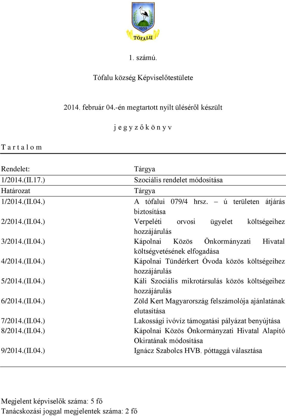 (II.04.) Kápolnai Közös Önkormányzati Hivatal költségvetésének elfogadása 4/2014.(II.04.) Kápolnai Tündérkert Óvoda közös költségeihez hozzájárulás 5/2014.(II.04.) Káli Szociális mikrotársulás közös költségeihez hozzájárulás 6/2014.