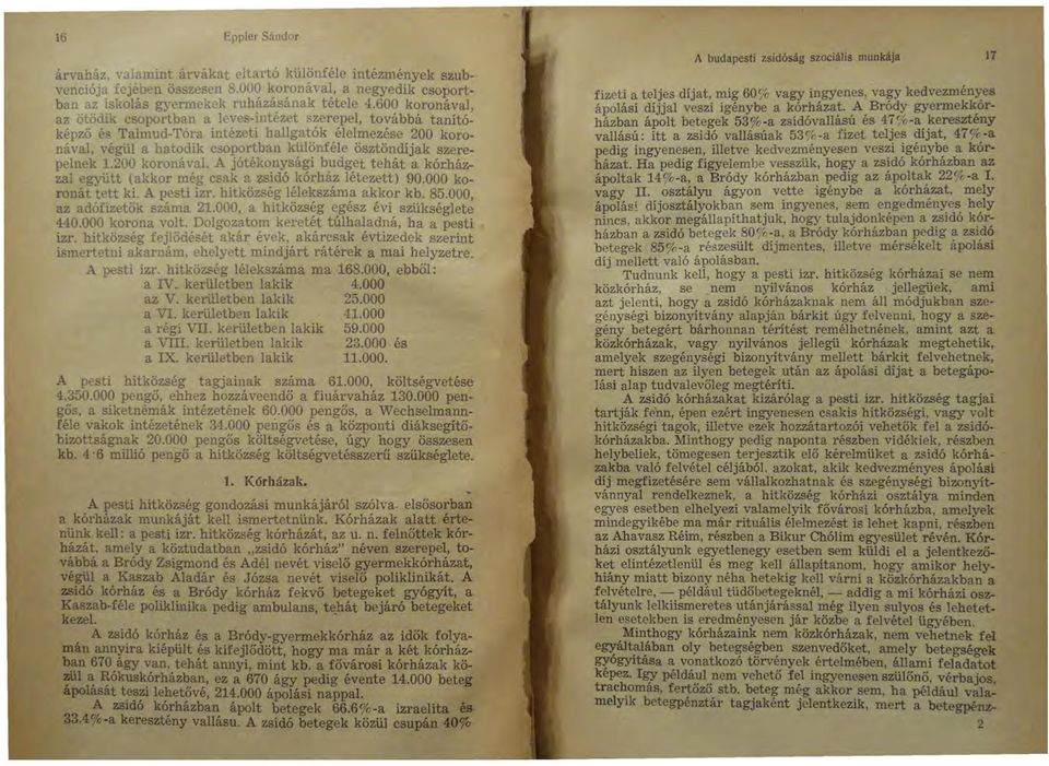 szerepelnek 1.200 koronával. A jótékonysági budget tehát a kórházzal együtt (akkor még csak a zsidó kórház létezett) 90.000 koronát tett ki. A pesti izr. hitközség lélekszáma akkor kb. 85.