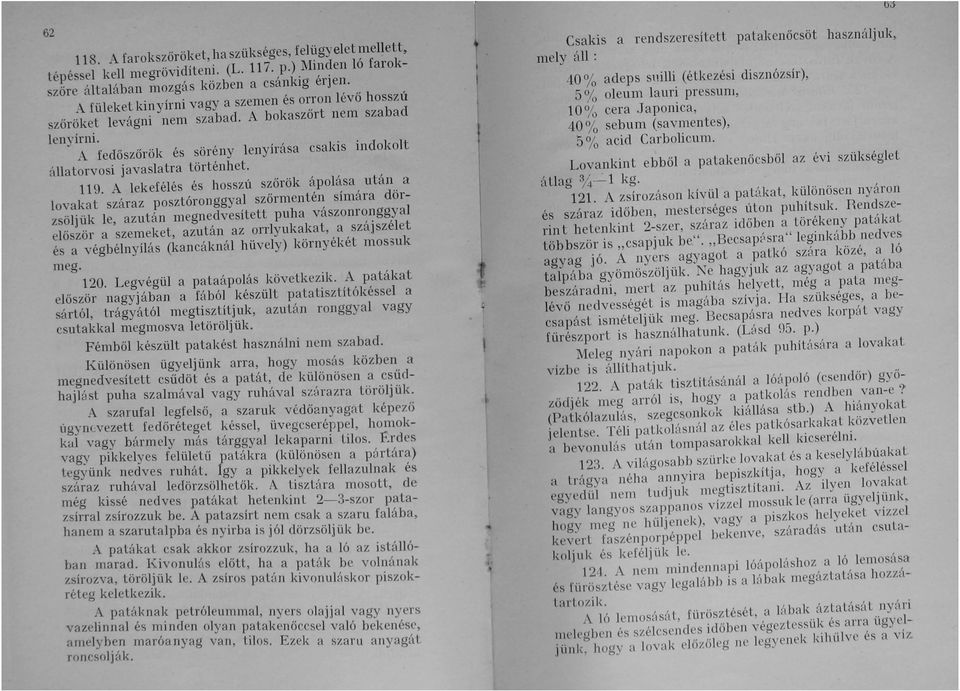 119. A lekefélés és hosszú szőrök ápolása után a lovakat száraz posztóronggyal szőrmentén símára dörzsöljük le, azután megnedvesitett puha vászonronggyal e lőször a szemeket, azután az orrlyukakat, a