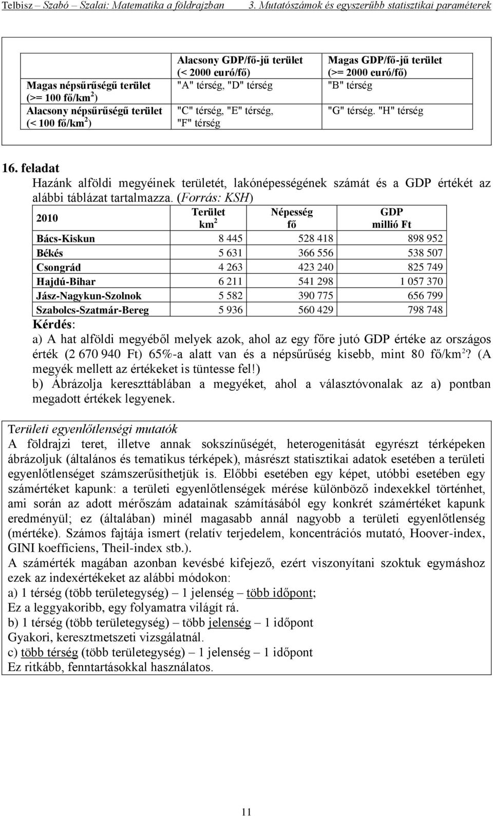 feladat Hazánk alföldi megyéinek területét, lakónépességének számát és a GDP értékét az alábbi táblázat tartalmazza.