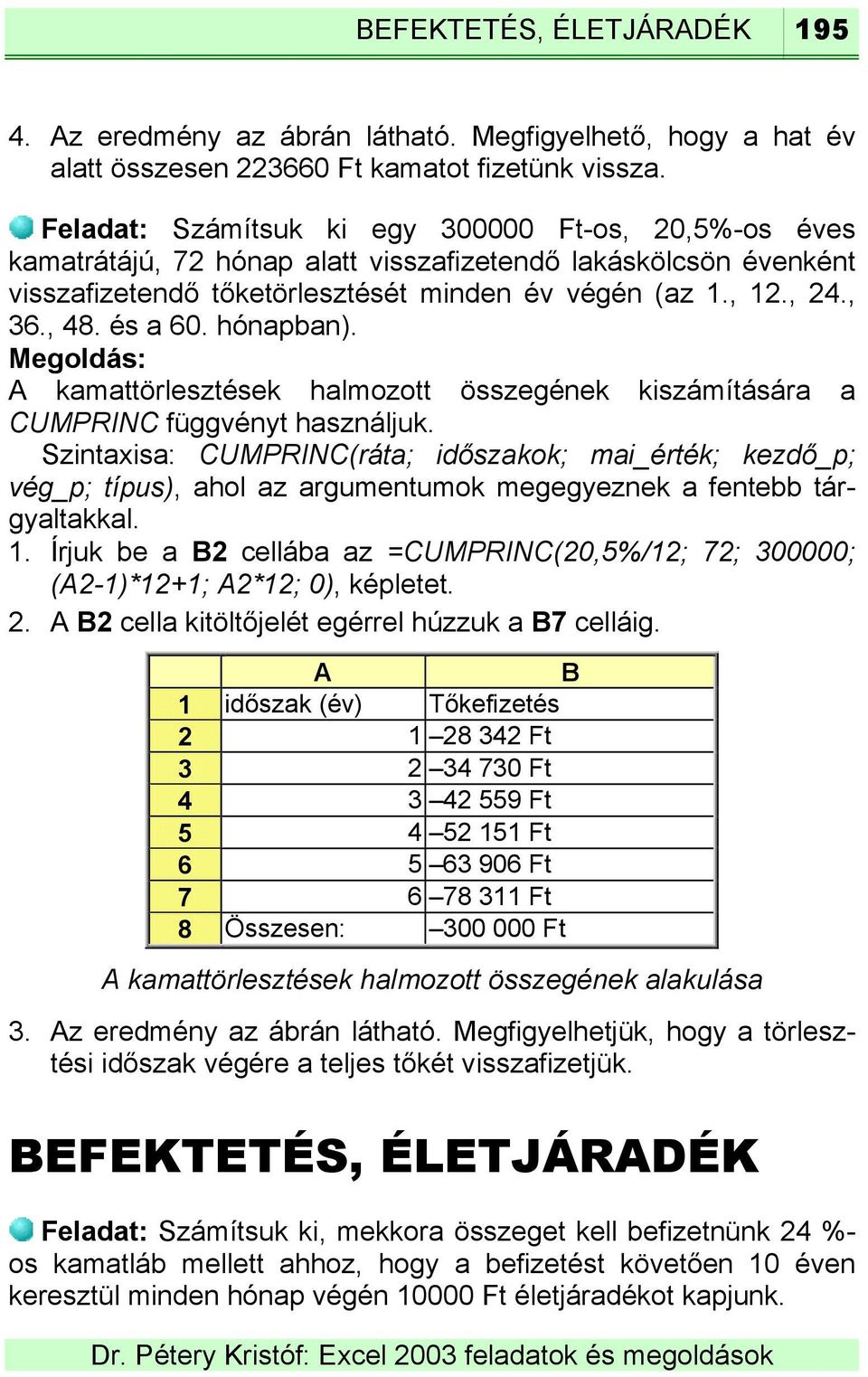 és a 60. hónapban). A kamattörlesztések halmozott összegének kiszámítására a CUMPRINC függvényt használjuk.