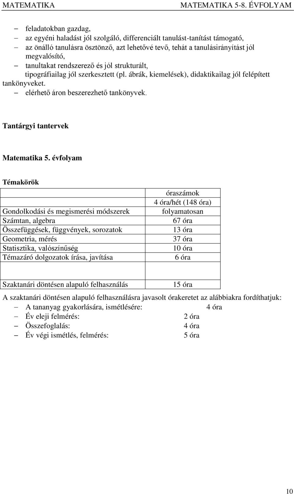 Tantárgyi tantervek Matematika 5.