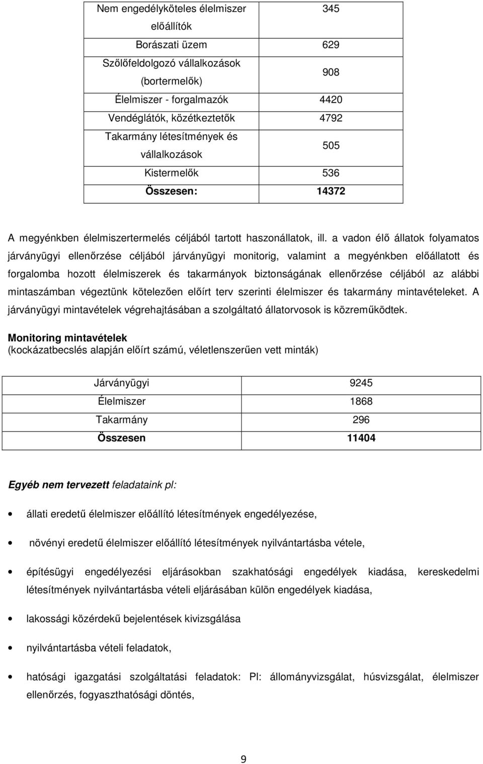 a vadon élő állatok folyamatos járványügyi ellenőrzése céljából járványügyi monitorig, valamint a megyénkben előállatott és forgalomba hozott élelmiszerek és takarmányok biztonságának ellenőrzése