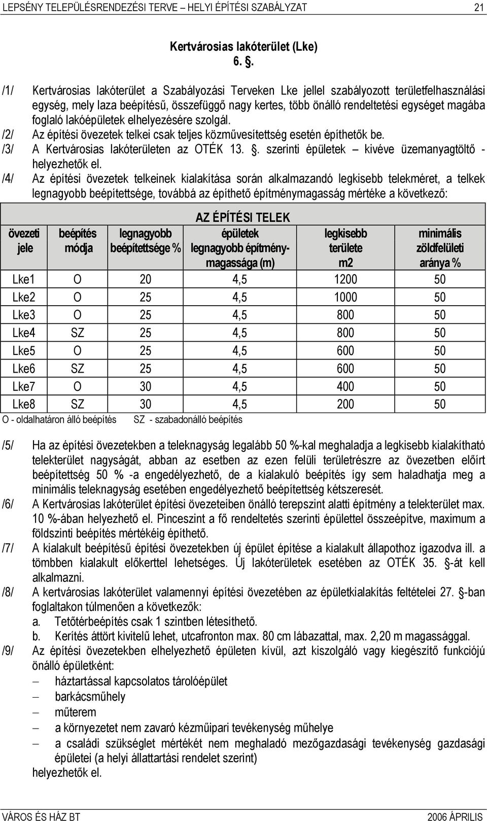 foglaló lakóépületek elhelyezésére szolgál. /2/ Az építési övezetek telkei csak teljes közművesítettség esetén építhetők be. /3/ A Kertvárosias lakóterületen az OTÉK 13.