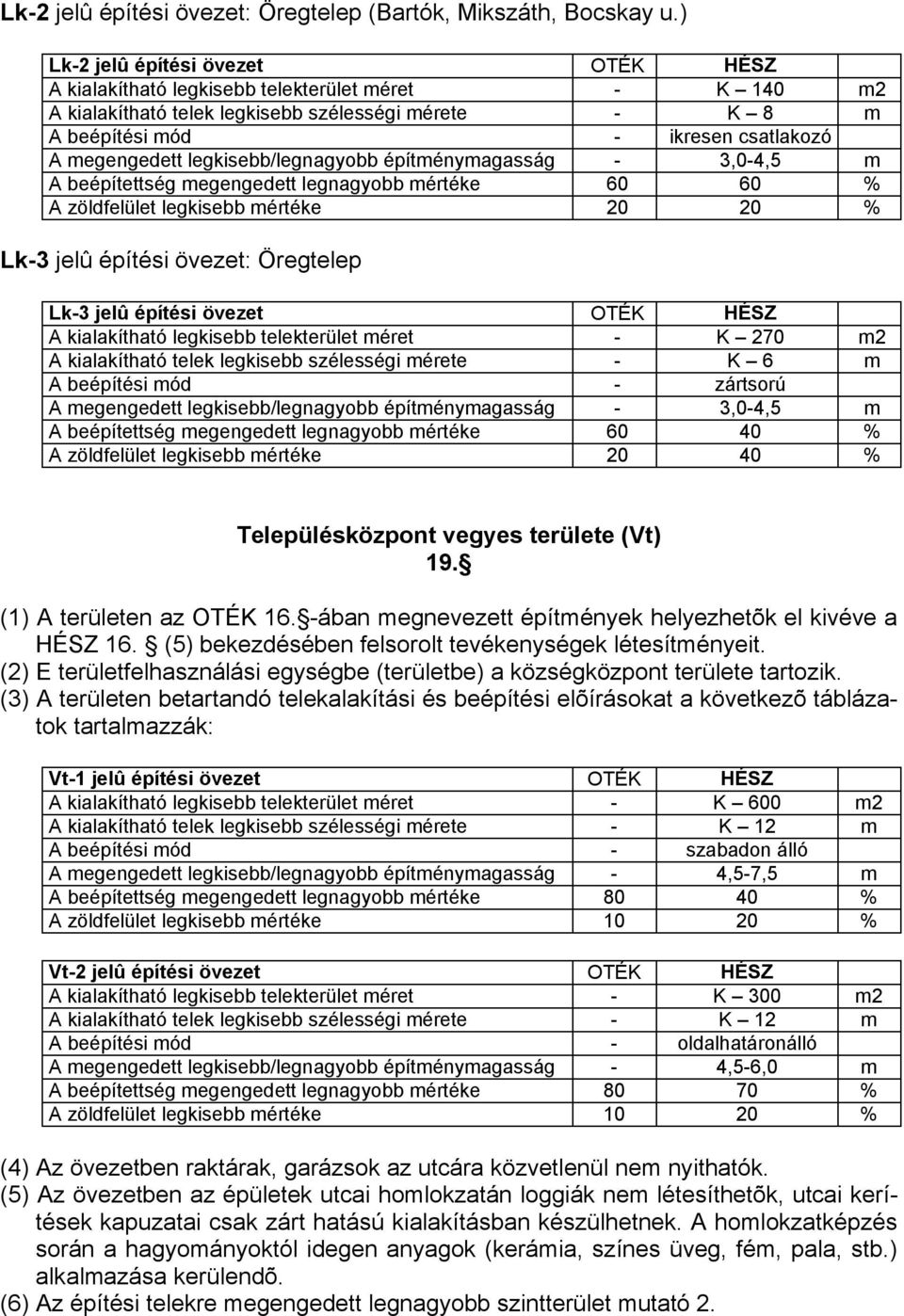 legkisebb/legnagyobb építménymagasság - 3,0-4,5 m A beépítettség megengedett legnagyobb mértéke 60 60 % A zöldfelület legkisebb mértéke 20 20 % Lk-3 jelû építési övezet: Öregtelep Lk-3 jelû építési