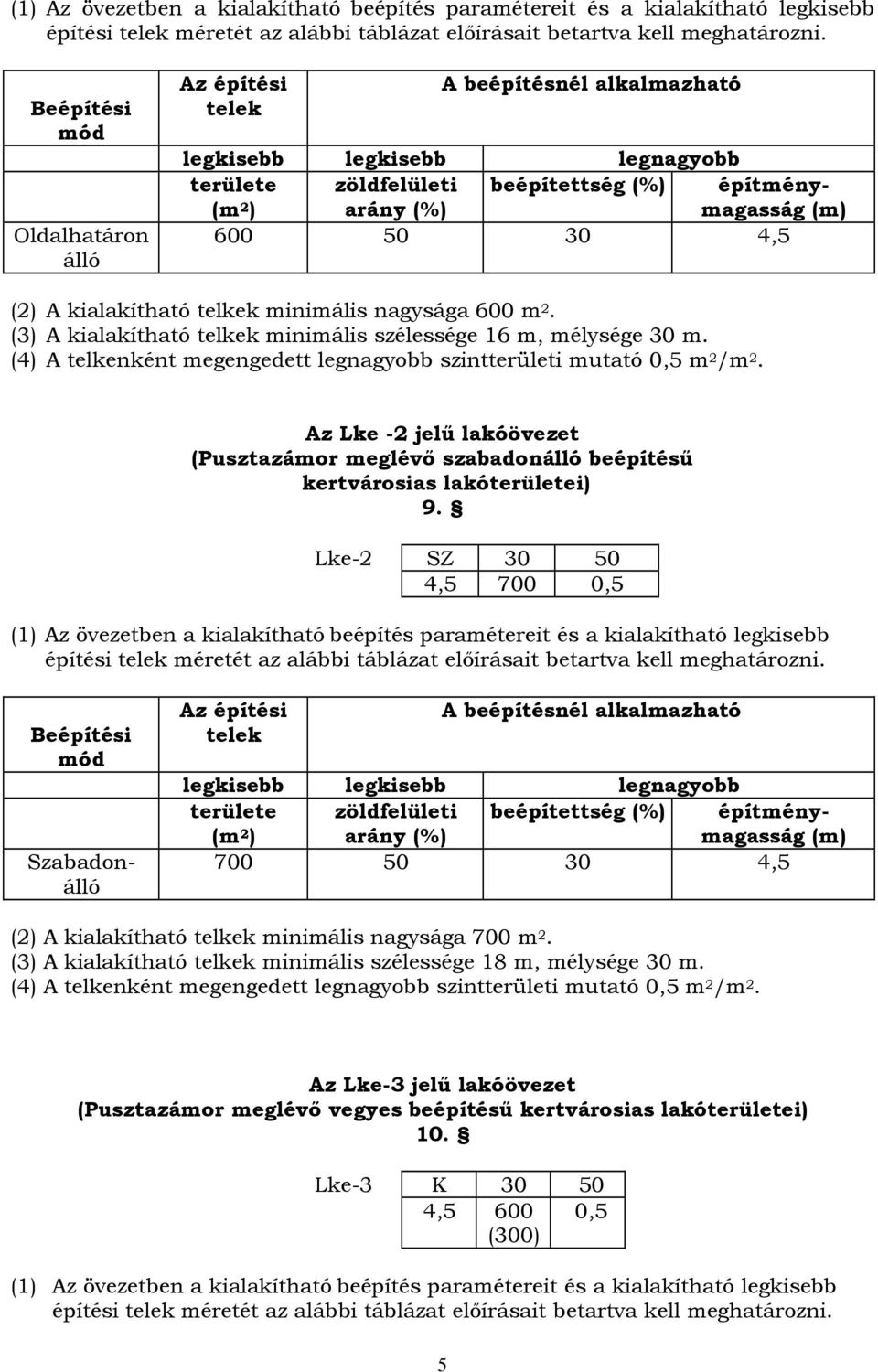 (2) A kialakítható telkek minimális nagysága 600 m 2. (3) A kialakítható telkek minimális szélessége 16 m, mélysége 30 m. (4) A telkenként megengedett legnagyobb szintterületi mutató 0,5 m 2 /m 2.