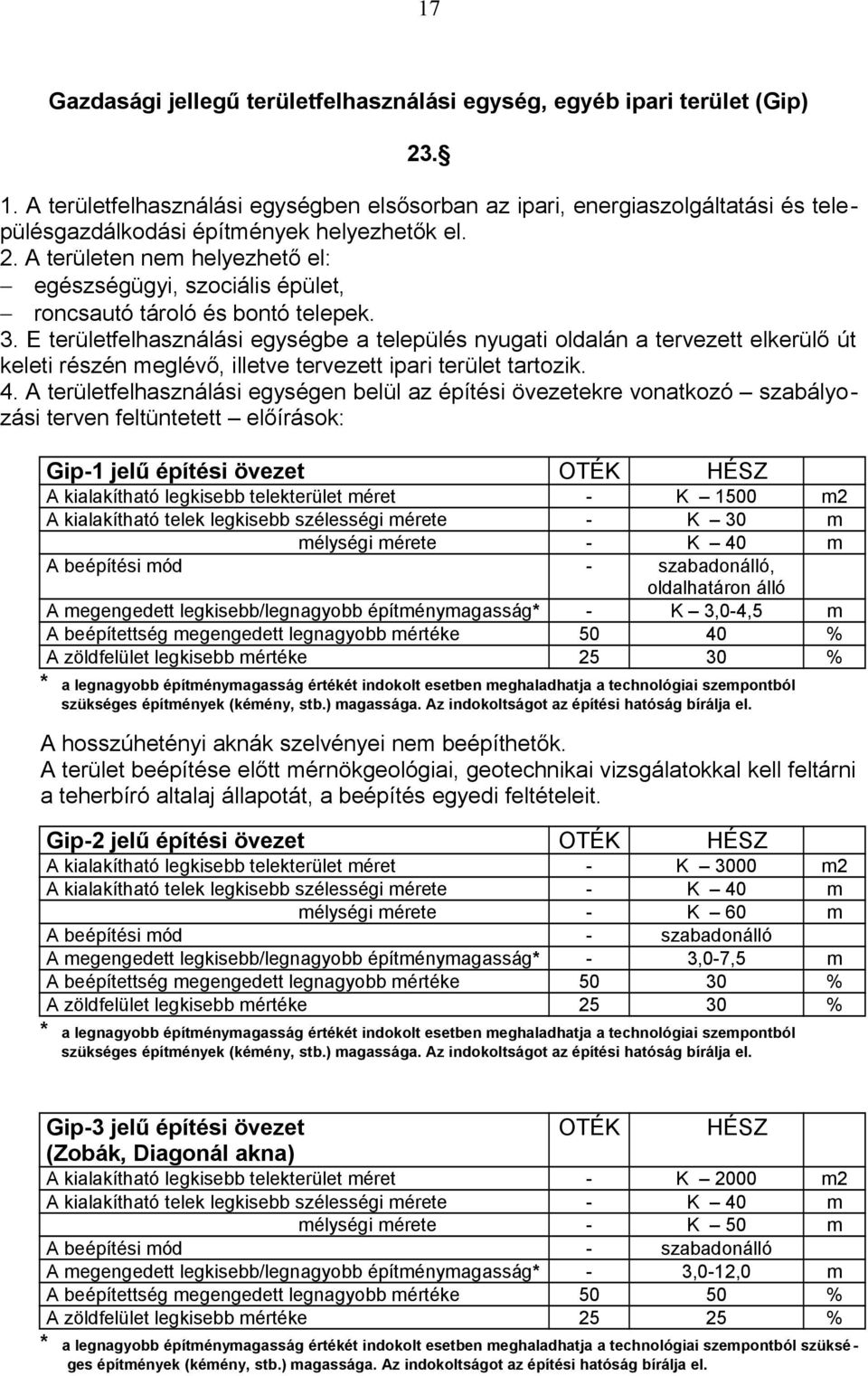 A területen nem helyezhető el: egészségügyi, szociális épület, roncsautó tároló és bontó telepek. 3.