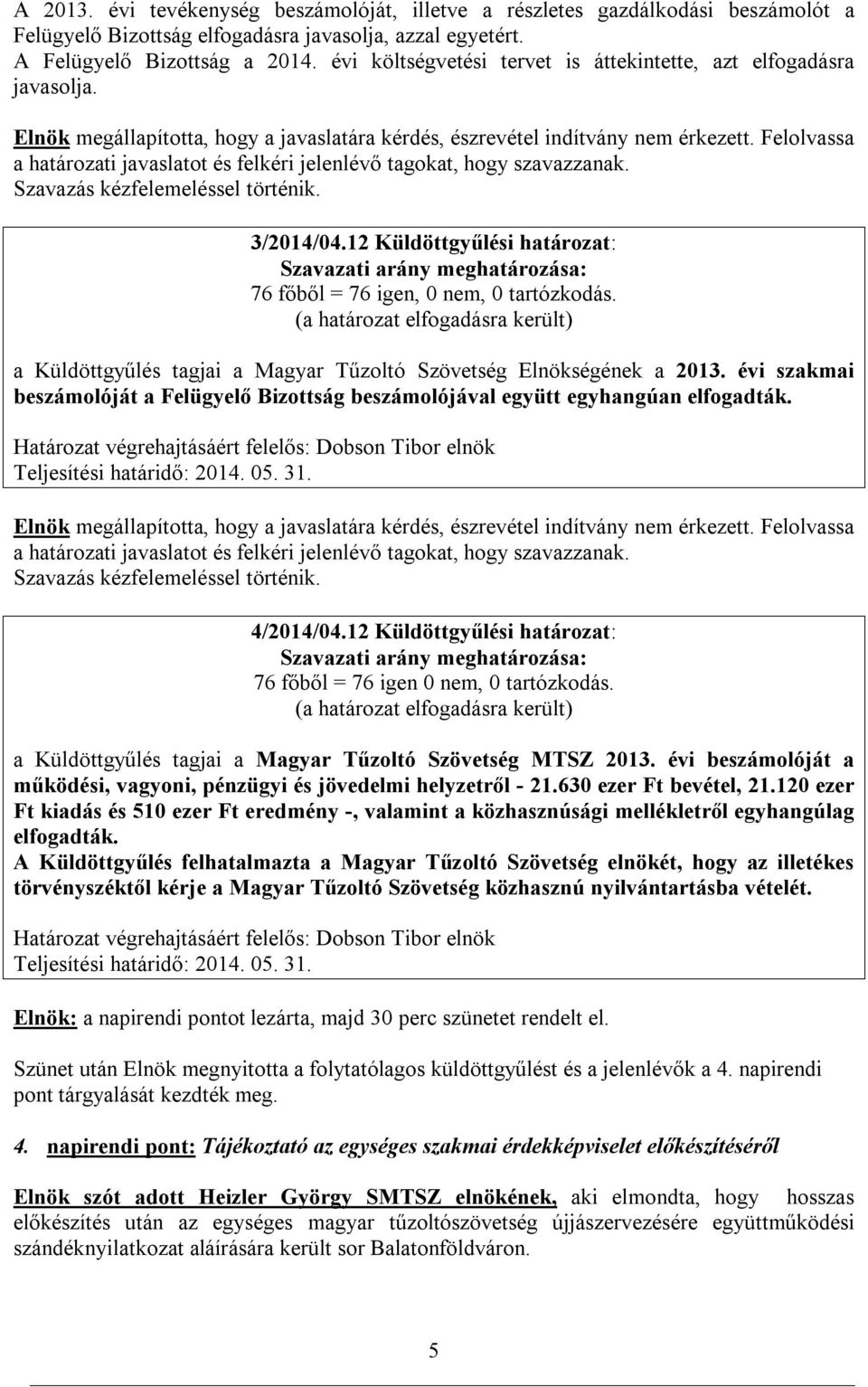 a Küldöttgyűlés tagjai a Magyar Tűzoltó Szövetség Elnökségének a 2013. évi szakmai beszámolóját a Felügyelő Bizottság beszámolójával együtt egyhangúan elfogadták. Teljesítési határidő: 2014. 05. 31.