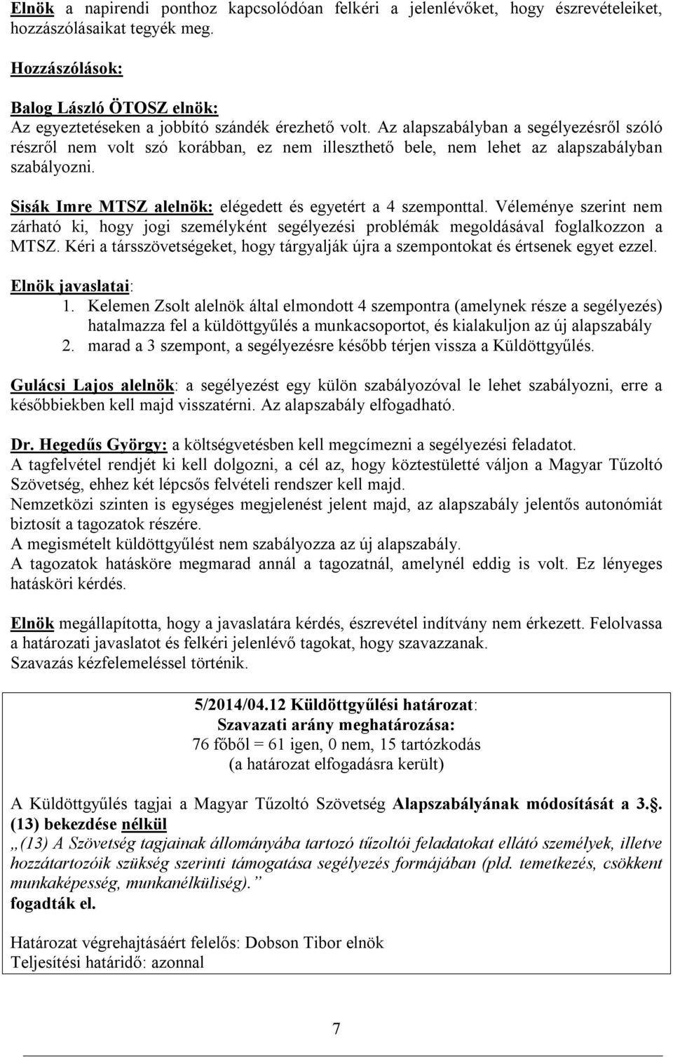 Az alapszabályban a segélyezésről szóló részről nem volt szó korábban, ez nem illeszthető bele, nem lehet az alapszabályban szabályozni. Sisák Imre MTSZ alelnök: elégedett és egyetért a 4 szemponttal.