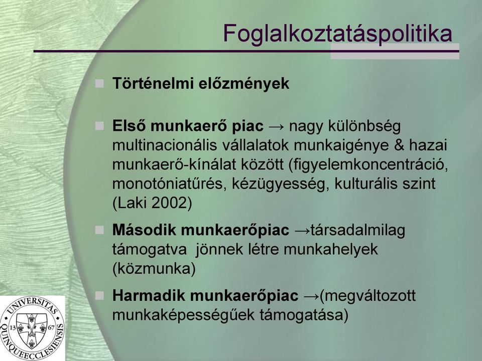 monotóniatűrés, kézügyesség, kulturális szint (Laki 2002) Második munkaerőpiac társadalmilag