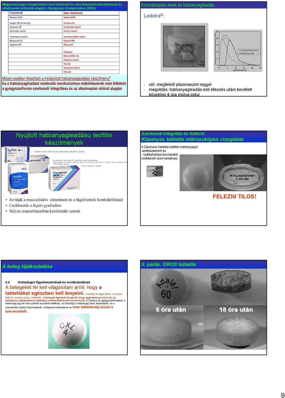 Theospirex retard Metoprolol Z Tegretol CR Corinfar (UNO) retard Diaprel MR Kálium-R Kaldyum Klacid UNO, XL Pretanix retard Trental Nitromint retard Olicard Milyen esetben felezhetı a módosított