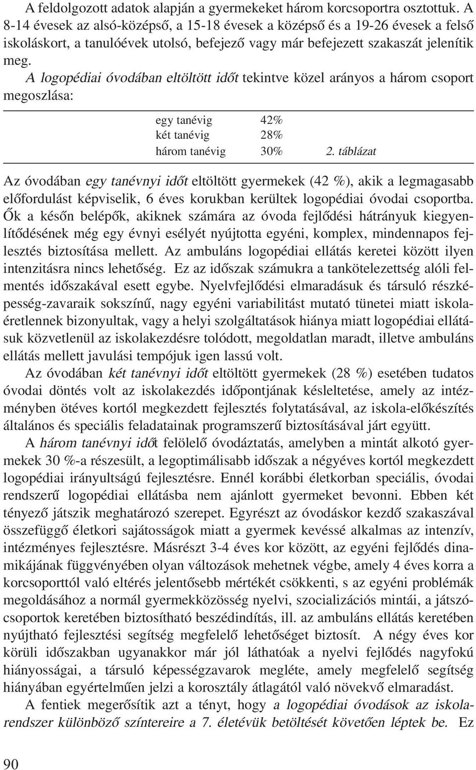 A logopédiai óvodában eltöltött idõt tekintve közel arányos a három csoport megoszlása: egy tanévig 42% két tanévig 28% három tanévig 30% 2.