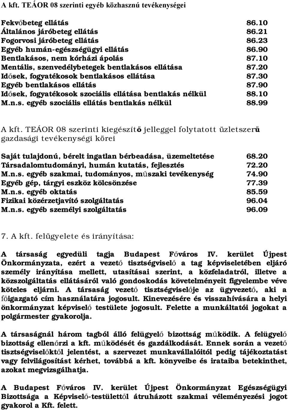 90 Id sek, fogyatékosok szociális ellátása bentlakás nélkül 88.10 M.n.s. egyéb szociális ellátás bentlakás nélkül 88.99 A kft.