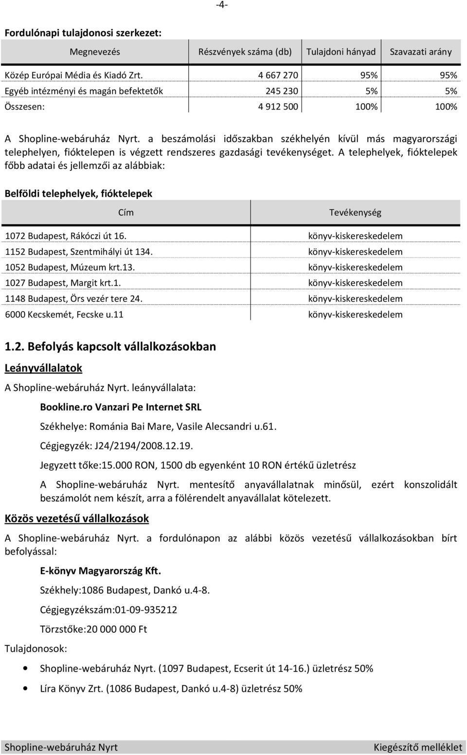 a beszámolási időszakban székhelyén kívül más magyarországi telephelyen, fióktelepen is végzett rendszeres gazdasági tevékenységet.