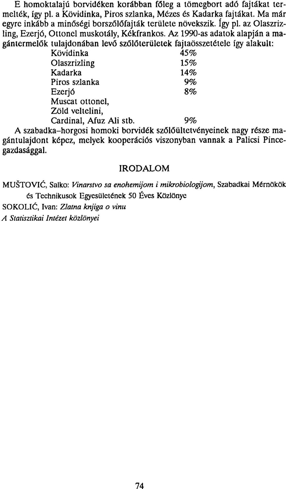 Az 1990-as adatok alapján a magántermelők tulajdonában levő szőlőterületek fajtaösszetétele így alakult: Kövidinka Olaszrizling Kadarka Piros szlanka Ezerjó Muscat ottonel, Zöld veltelini, 45% 15%