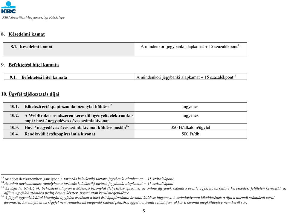 A WebBroker rendszeren keresztül igényelt, elektronikus napi / havi / negyedéves / éves számlakivonat ingyenes 10.3. Havi / negyedéves/ éves számlakivonat küldése postán 16 350 Ft/alkalom/ügyfél 10.4.