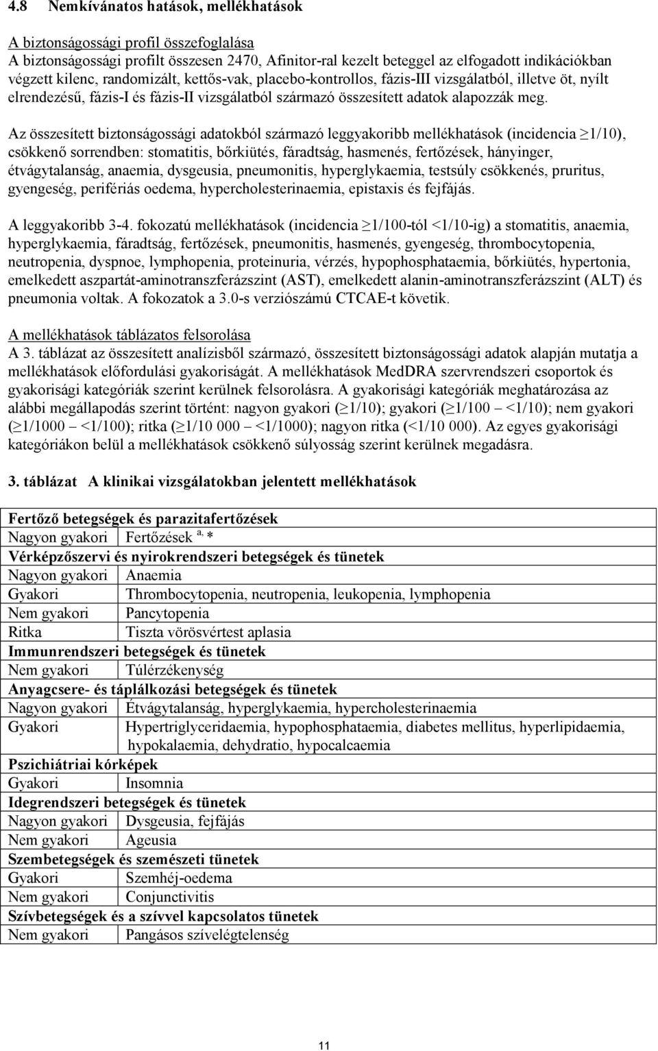 Az összesített biztonságossági adatokból származó leggyakoribb mellékhatások (incidencia 1/10), csökkenő sorrendben: stomatitis, bőrkiütés, fáradtság, hasmenés, fertőzések, hányinger, étvágytalanság,