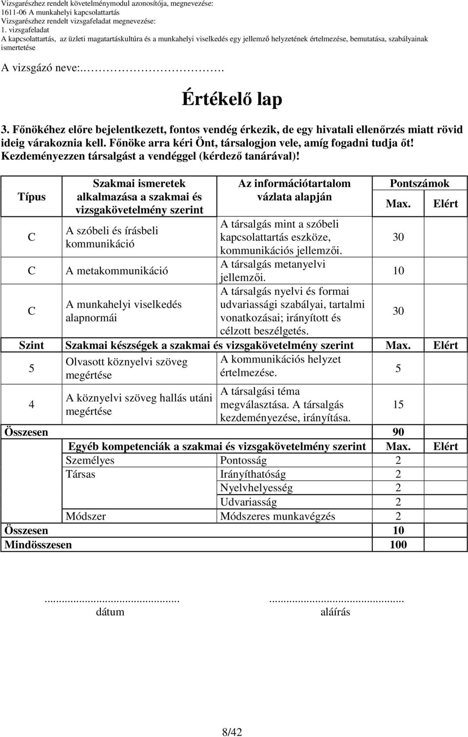 Típus Szakmai ismeretek alkalmazása a szakmai és vizsgakövetelmény szerint A szóbeli és írásbeli kommunikáció A metakommunikáció A munkahelyi viselkedés alapnormái Az információtartalom vázlata