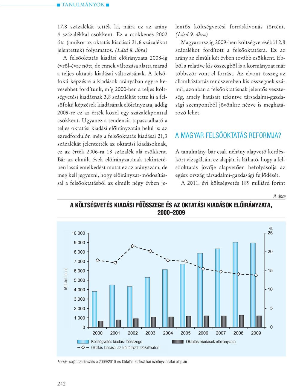 A felsõfokú képzésre a kiadások arányában egyre kevesebbet fordítunk, míg 2000-ben a teljes költségvetési kiadásnak 3,8 százalékát tette ki a felsõfokú képzések kiadásának elõirányzata, addig 2009-re