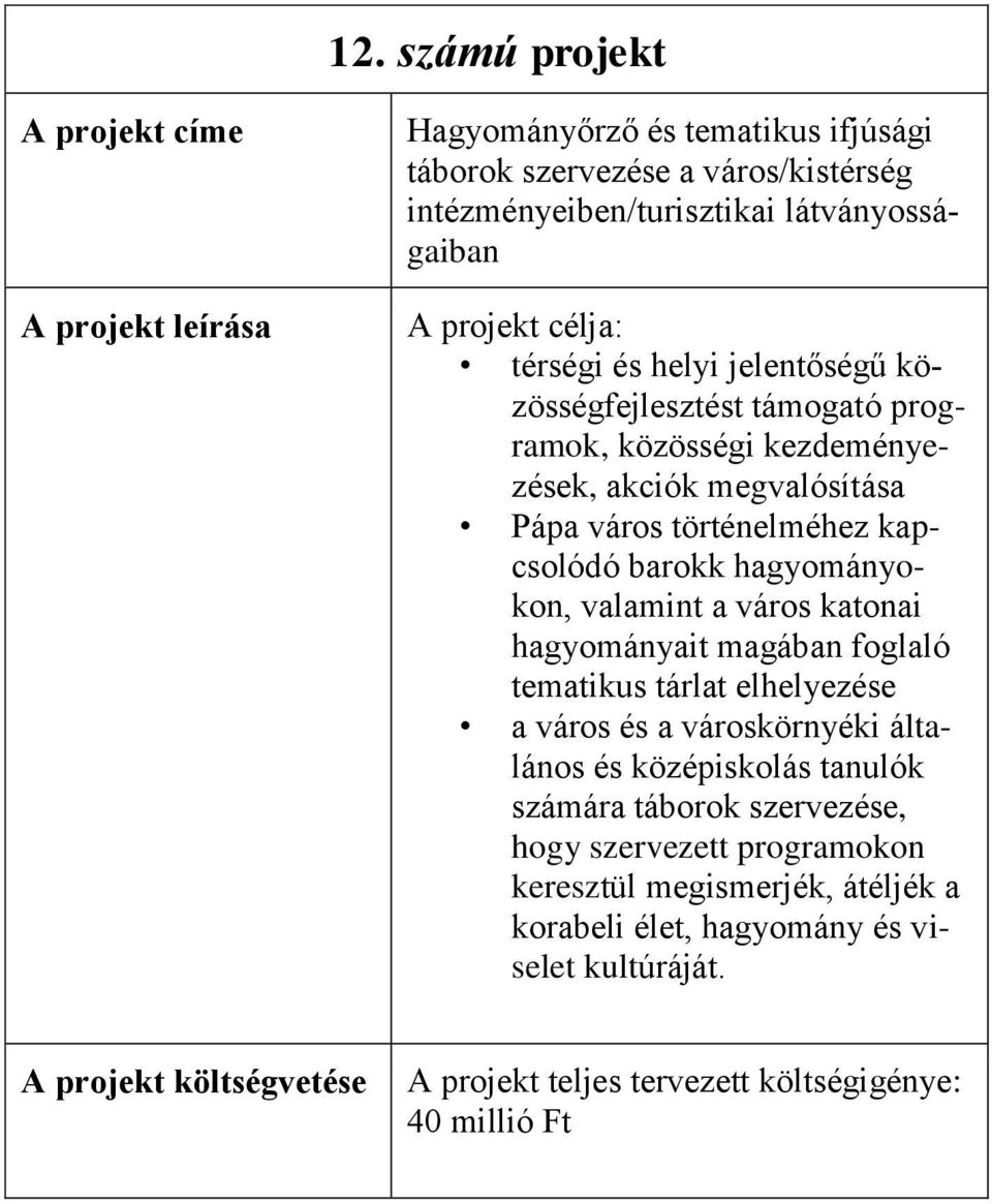 barokk hagyományokon, valamint a város katonai hagyományait magában foglaló tematikus tárlat elhelyezése a város és a városkörnyéki általános és