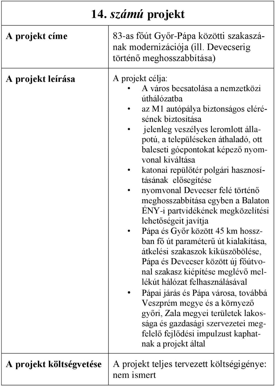 településeken áthaladó, ott baleseti gócpontokat képező nyomvonal kiváltása katonai repülőtér polgári hasznosításának elősegítése nyomvonal Devecser felé történő meghosszabbítása egyben a Balaton