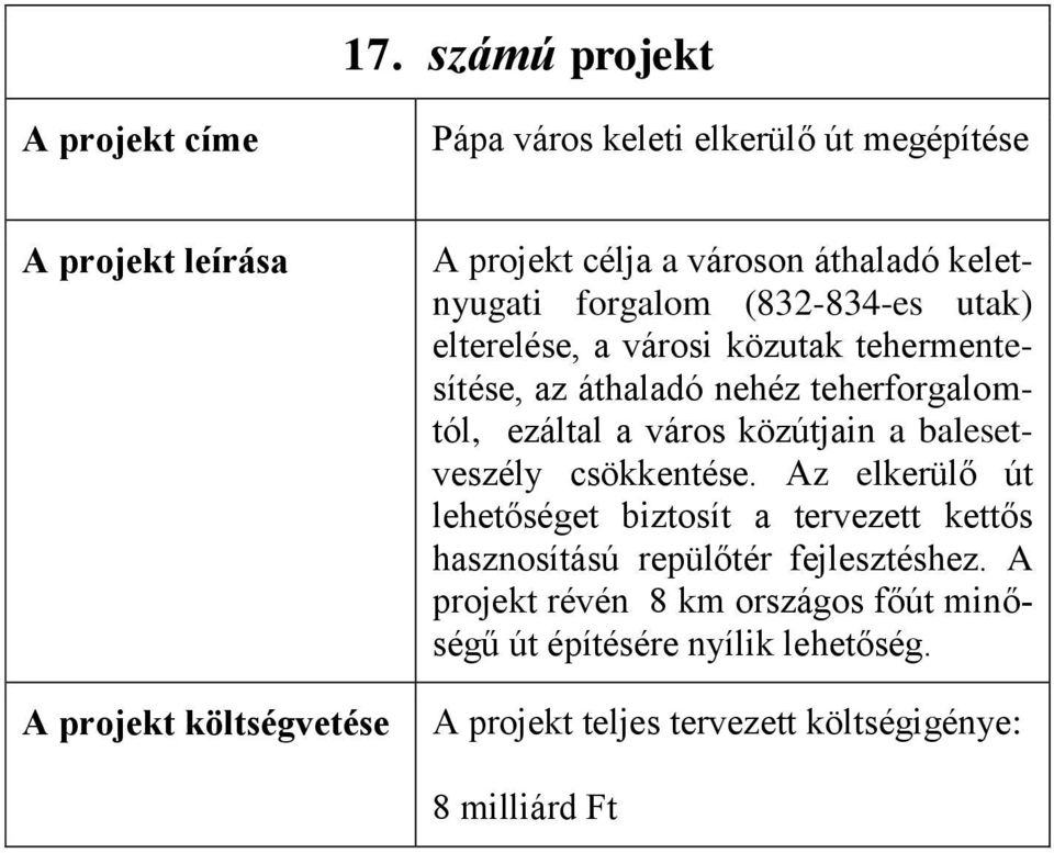 ezáltal a város közútjain a balesetveszély csökkentése.