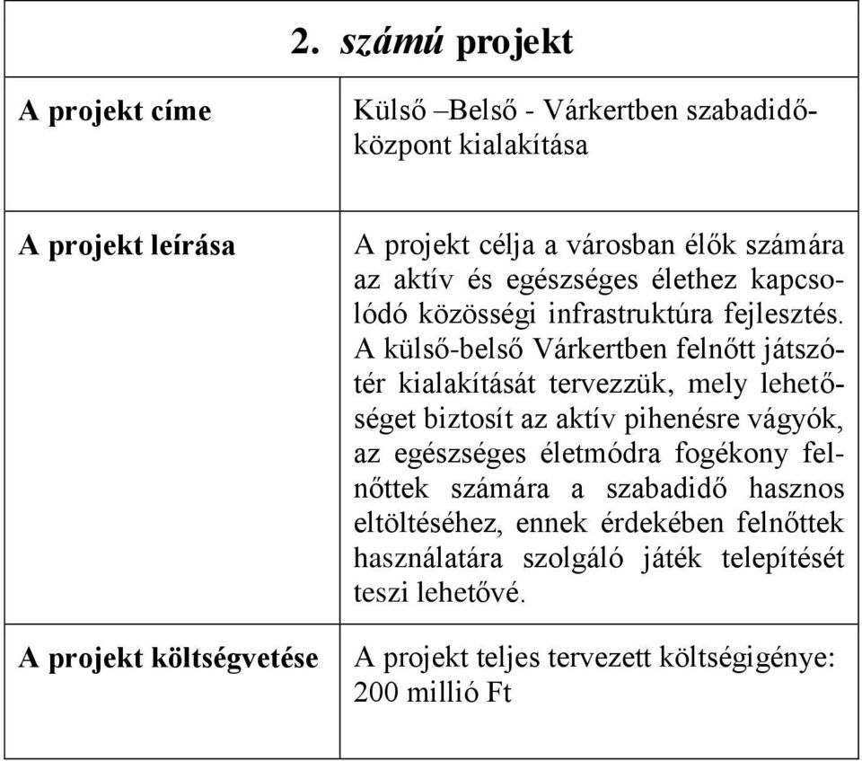 A külső-belső Várkertben felnőtt játszótér kialakítását tervezzük, mely lehetőséget biztosít az aktív pihenésre vágyók, az