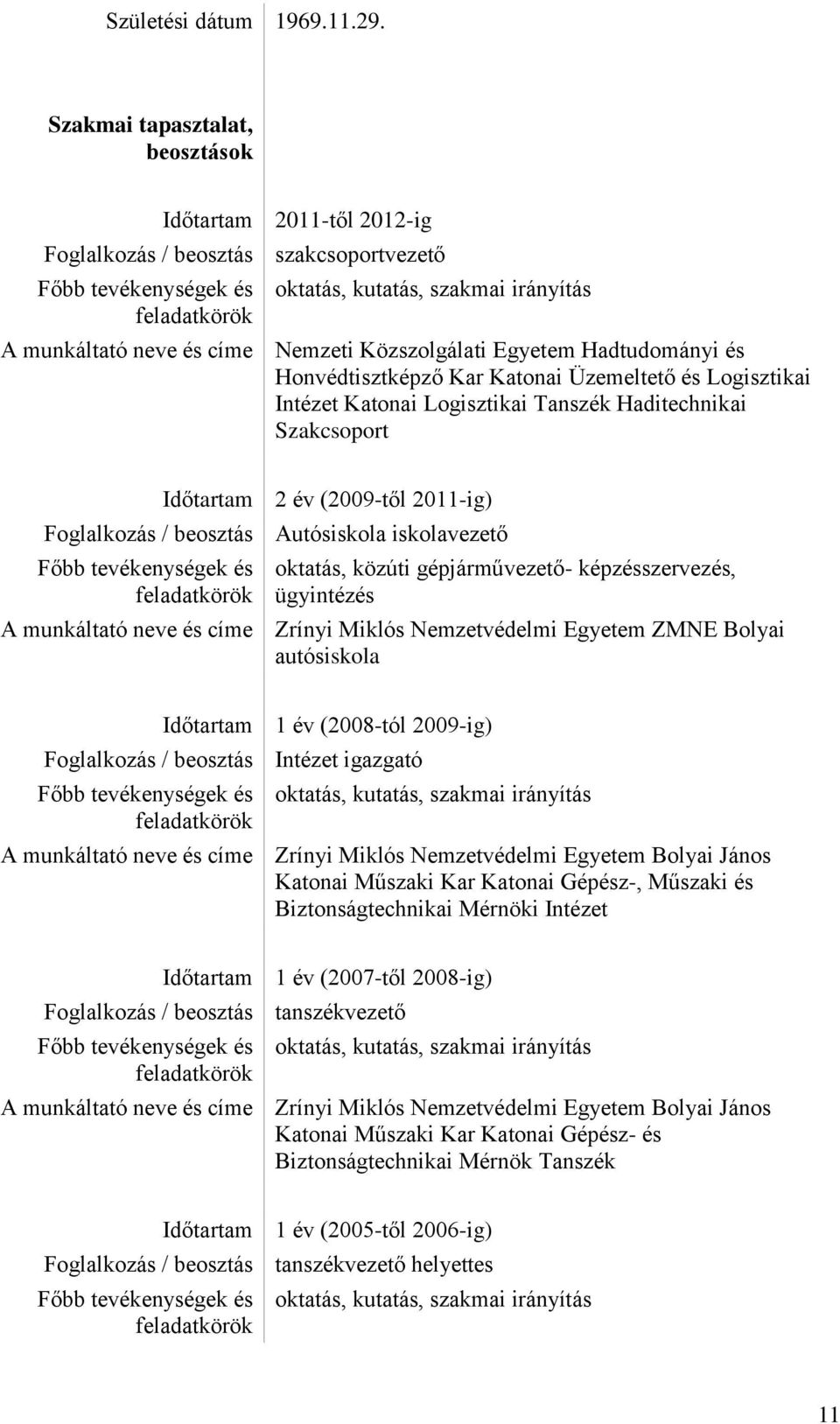 Hadtudományi és Honvédtisztképző Kar Katonai Üzemeltető és Logisztikai Intézet Katonai Logisztikai Tanszék Haditechnikai Szakcsoport Időtartam 2 év (2009-től 2011-ig) Foglalkozás / beosztás