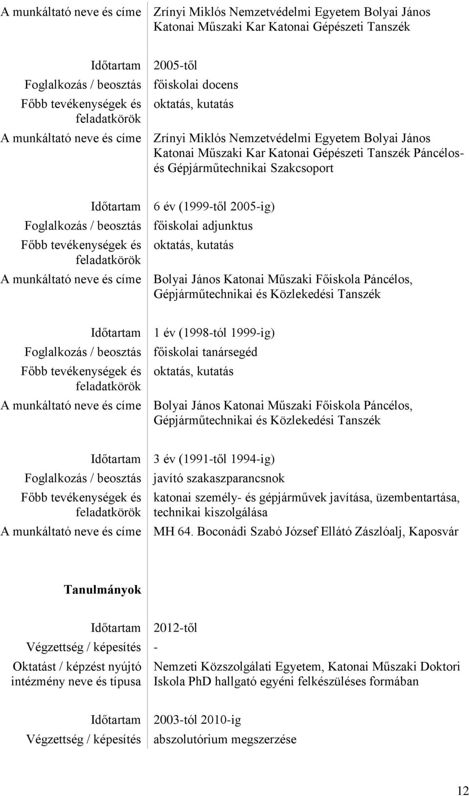 Foglalkozás / beosztás főiskolai adjunktus oktatás, kutatás A munkáltató neve és címe Bolyai János Katonai Műszaki Főiskola Páncélos, Gépjárműtechnikai és Közlekedési Tanszék Időtartam 1 év (1998-tól