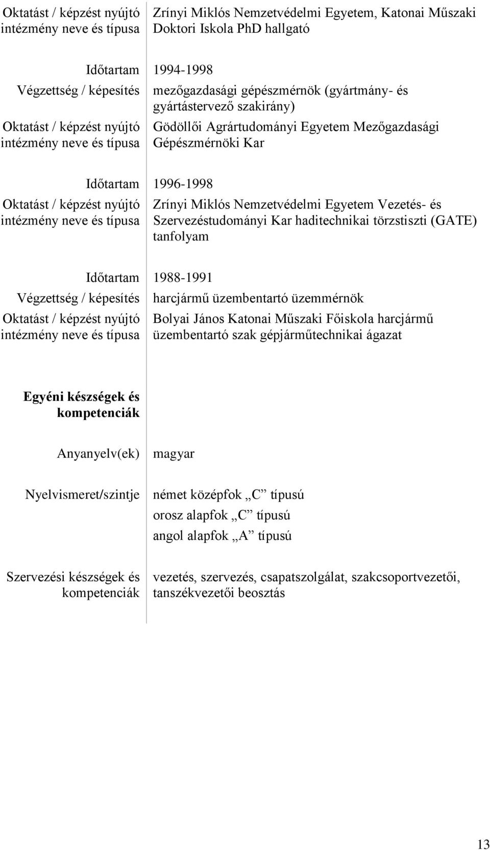 intézmény neve és típusa Időtartam 1996-1998 Zrínyi Miklós Nemzetvédelmi Egyetem Vezetés- és Szervezéstudományi Kar haditechnikai törzstiszti (GATE) tanfolyam Időtartam 1988-1991 Végzettség /