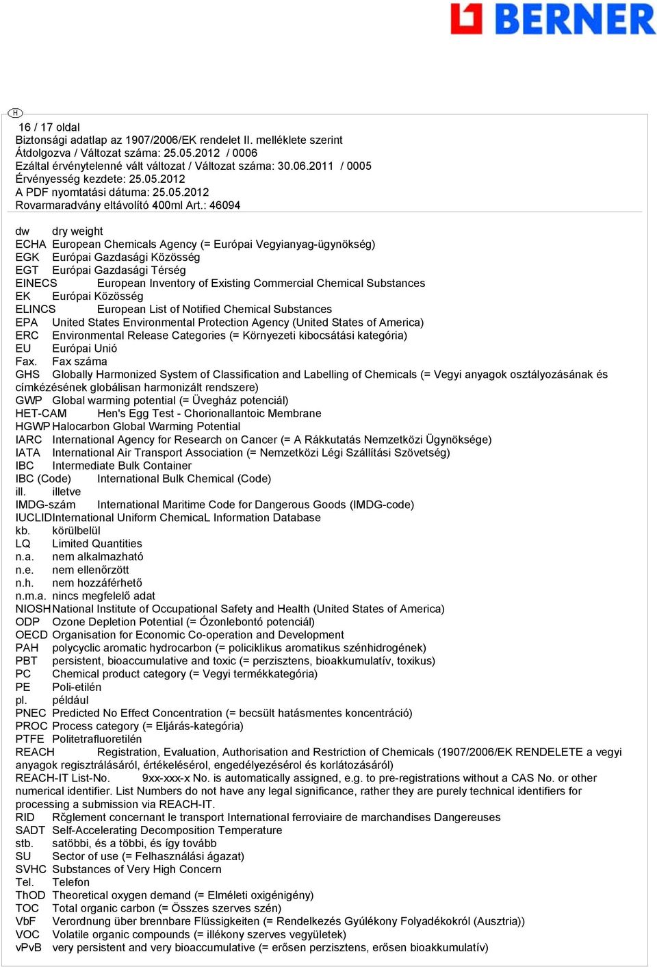 Release Categories (= Környezeti kibocsátási kategória) EU Európai Unió Fax.