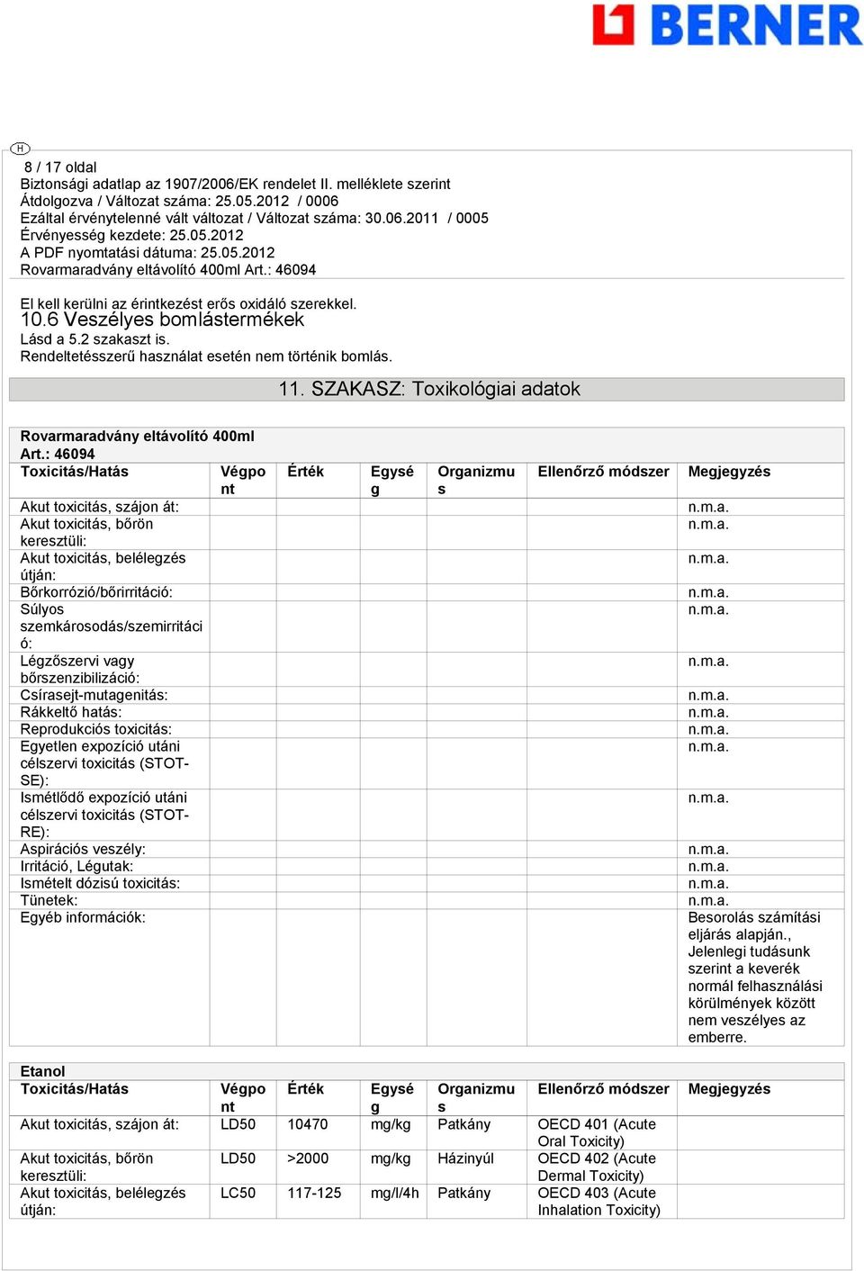 : 46094 Toxicitás/Hatás Végpo nt Akut toxicitás, szájon át: Akut toxicitás, bőrön keresztüli: Akut toxicitás, belélegzés útján: Bőrkorrózió/bőrirritáció: Súlyos szemkárosodás/szemirritáci ó: