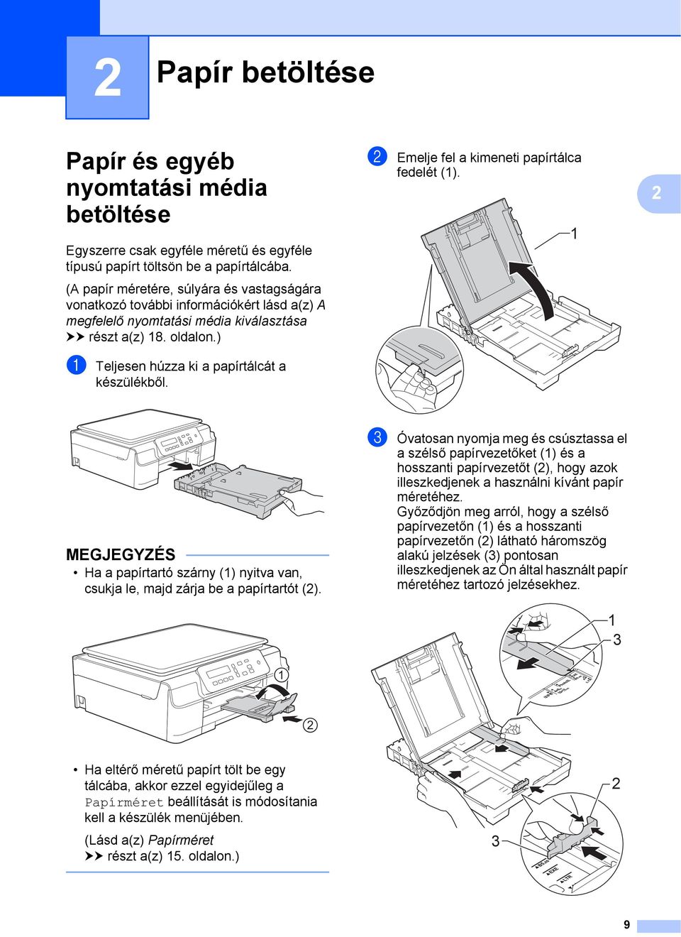 ) a Teljesen húzza ki a papírtálcát a készülékből. b Emelje fel a kimeneti papírtálca fedelét (1). 1 2 MEGJEGYZÉS Ha a papírtartó szárny (1) nyitva van, csukja le, majd zárja be a papírtartót (2).