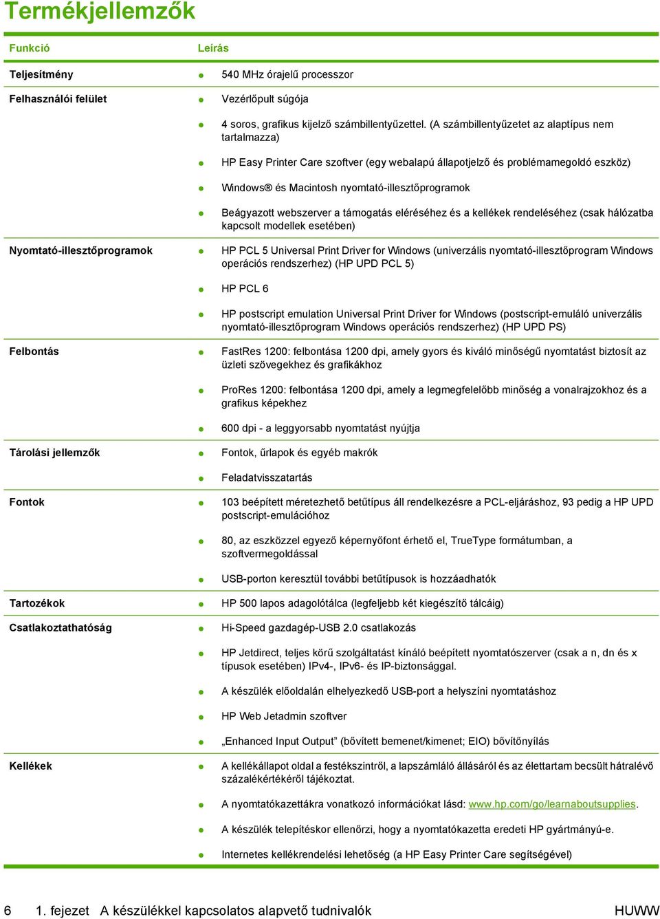 webszerver a támogatás eléréséhez és a kellékek rendeléséhez (csak hálózatba kapcsolt modellek esetében) Nyomtató-illesztőprogramok HP PCL 5 Universal Print Driver for Windows (univerzális