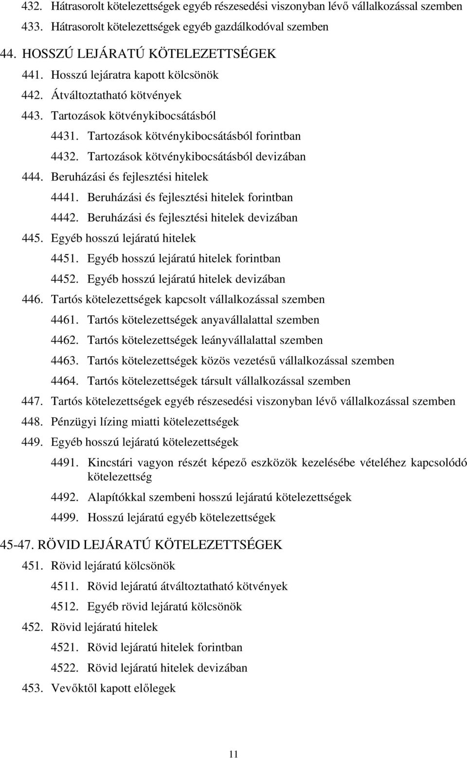 Tartozások kötvénykibocsátásból devizában 444. Beruházási és fejlesztési hitelek 4441. Beruházási és fejlesztési hitelek forintban 4442. Beruházási és fejlesztési hitelek devizában 445.