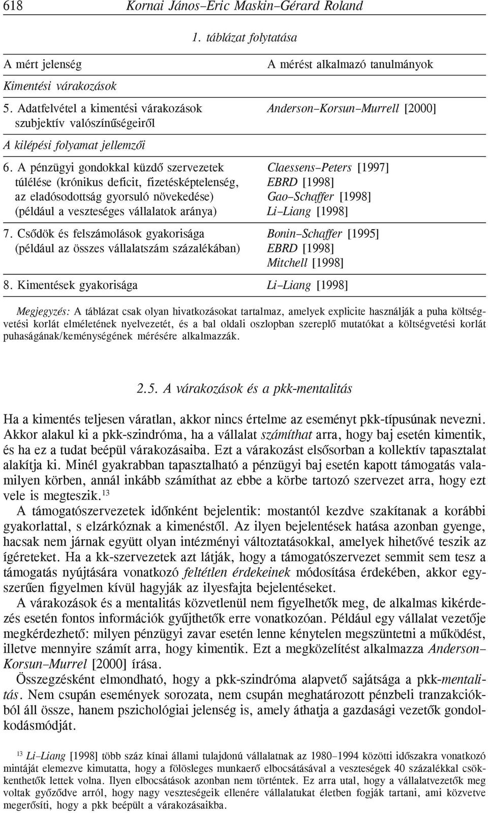 A pénzügyi gondokkal küzdõ szervezetek Claessens Peters [1997] túlélése (krónikus deficit, fizetésképtelenség, EBRD [1998] az eladósodottság gyorsuló növekedése) Gao Schaffer [1998] (például a