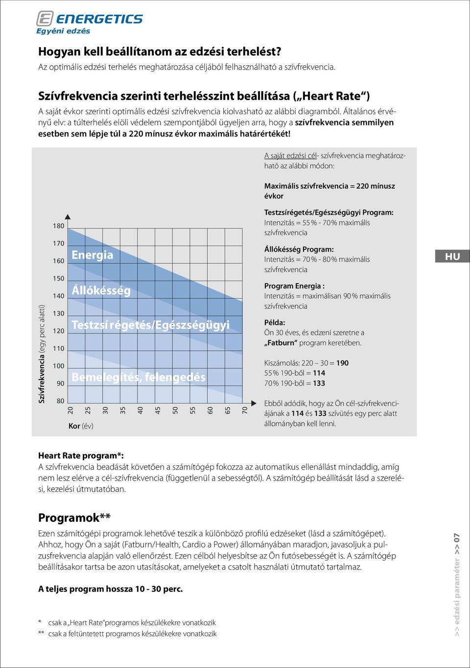 Általános érvényű elv: a túlterhelés elöli védelem szempontjából ügyeljen arra, hogy a szívfrekvencia semmilyen esetben sem lépje túl a 220 mínusz évkor maximális határértékét!