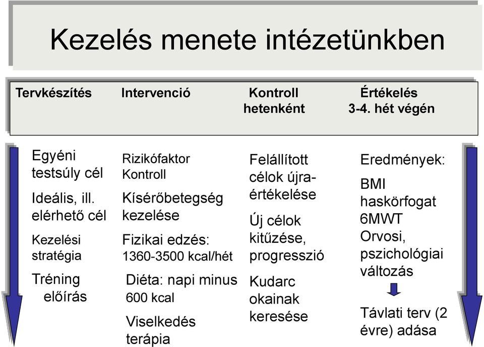 elérhető cél Kezelési stratégia Tréning előírás Rizikófaktor Kontroll Kísérőbetegség kezelése Fizikai edzés: 1360-3500