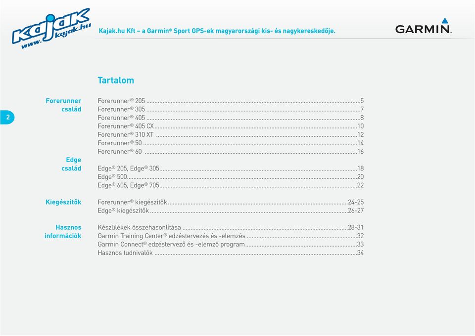 ..20 Edge 605, Edge 705...22 Forerunner kiegészítôk...24-25 Edge kiegészítôk...26-27 Készülékek összehasonlítása.